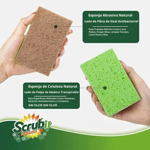 Vista 3 de SCRUBIT Esponjas naturales – Paquete de 10 esponjas naturales biodegradables compostables de celulosa y coco para platos, esponja de cocina