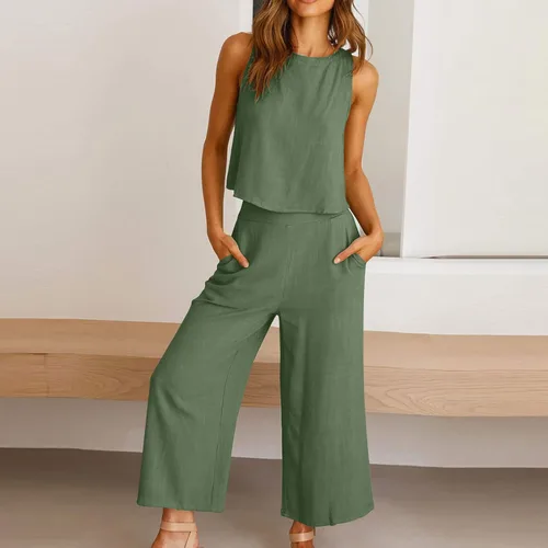 Vista 5 de Conjunto de 2 piezas de algodón y lino para mujer, camiseta corta sin mangas y pantalones cortos de pierna ancha, conjuntos casuales de algodón
