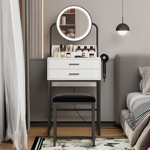 Vista 11 de ARTETHYS Escritorio pequeño con espejo y luces, tocador de maquillaje compacto blanco con silla, moderno tocador que ahorra espacio con cajón