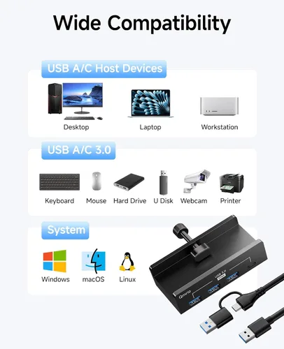Vista 8 de Hub USB 3.0, concentrador USB con abrazadera de 5 Gbps para escritorio/monitores con puerto de fuente de alimentación adicional, 3 puertos de datos