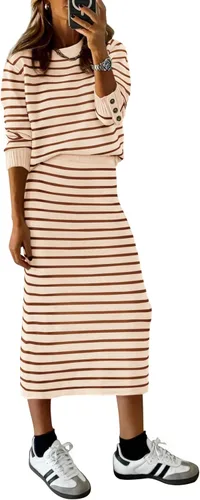 Vista 16 de PRETTYGARDEN - Conjunto de falda de suéter a rayas de 2 piezas para mujer Rayas de albaricoque