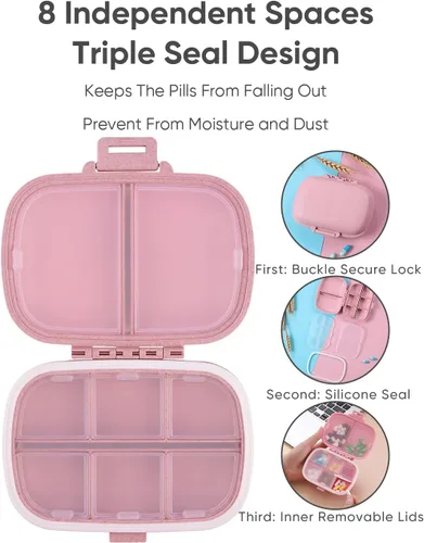 Vista 4 de Holii Organizador de pastillas de viaje con 8 compartimentos, farmacia de bolsillo para bolso, pastillero diario, organizador de medicamentos, Rosa