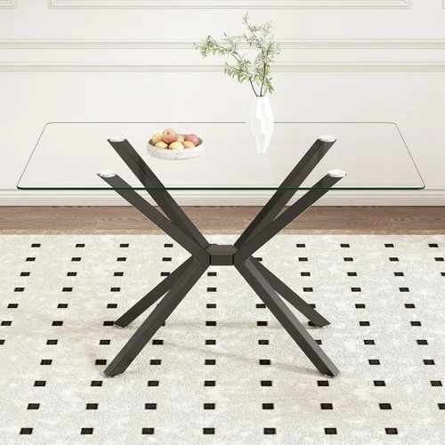 Vista 3 de Mesa de Comedor Moderna de Vidrio Templado Mesa de Cena, Mesa de Cocina Rectangular con Patas de Metal Resistentes, Diseño Minimalista