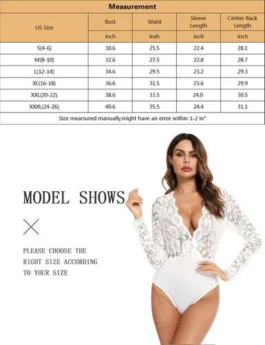 Vista 7 de TLGAVQUEEN - Body de manga larga sexi para mujer con entrepierna a presión y parte superior de encaje tamaños S-XXXL