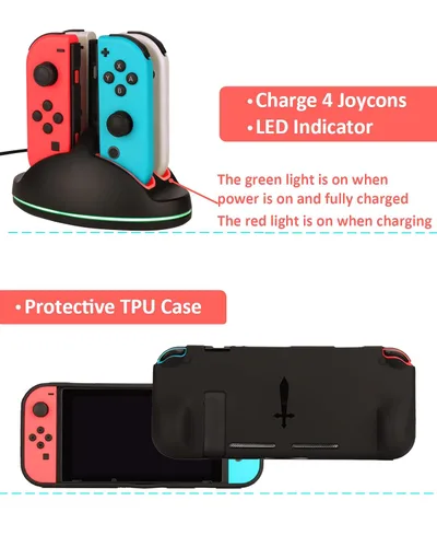 Vista 4 de Switch Accessories - Family Bundle Accessories for Nintendo Switch, Carry Case& Screen Protector,4 Pack Joy Con Grips and Steering Wheels, Case
