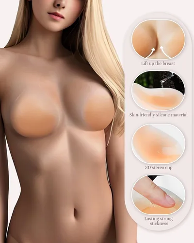 Vista 4 de APOWUS Sujetadores adhesivos para mujer, brasier invisible con realce, sin espalda, brasier sin tirantes para busto grande, reutilizable