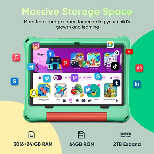 Vista 5 de aiprotablet Tableta para niños, Android 16 para niños de 10 pulgadas, Octa-Core 2.2 GHz con funda, 30 GB de RAM 64 GB ROM, 2 TB expandir, control