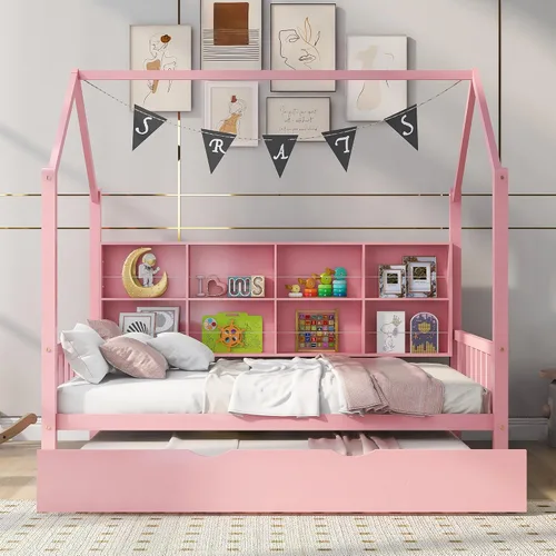 Vista 3 de Harper & Bright Designs Cama de casa de tamaño matrimonial con nido, marco de cama matrimonial de madera con compartimento para estantes, cama