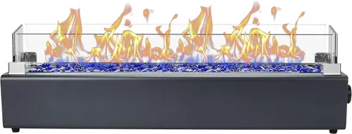 Vista 9 de Fogata de propano de mesa de 28 pulgadas, hoguera de mesa de 40,000 BTU para patio, cuenco de fuego rectangular portátil al aire libre con escudo