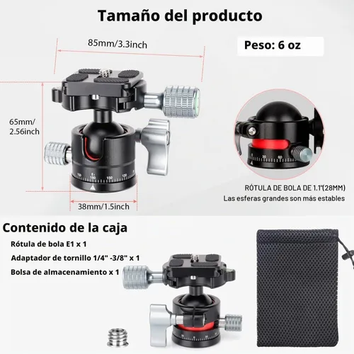 Vista 8 de Koolehaoda Cabeza de trípode de perfil bajo, mini cámara de cabeza de bola Cabeza de bola de 1.102 in