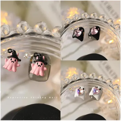 Vista 4 de 10 dijes de uñas de Halloween, diseño de calavera de fantasma, corazón con gemas de uñas, divertidos diamantes de imitación de uñas de Halloween