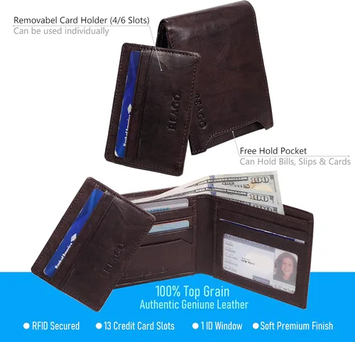 Vista 2 de REAGO Cartera de bloqueo RFID de cuero genuino para hombres con ventana de identificación doble
