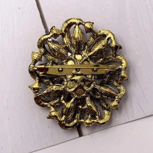 Vista 4 de SELOVO Broche con diamantes de imitación de flores, accesorio dorado antiguo, Cristal, Sin gemas.