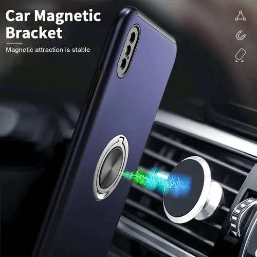 Vista 4 de Funda compatible con iPhone Xs Max con protector de pantalla de vidrio templado, funda híbrida 2 en 1, de ajuste delgado, con anillo magnético Azul