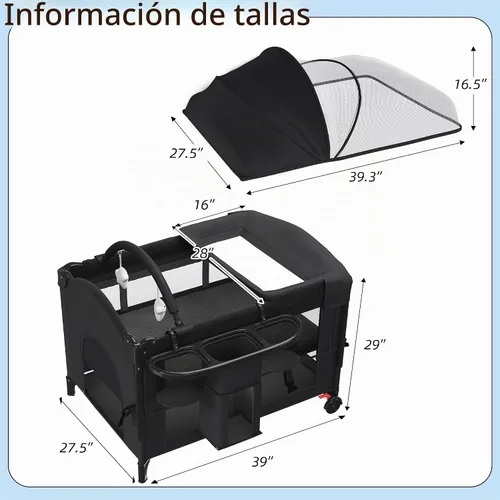 Vista 2 de Cuna de bebé de 5 en 1 para poner junto a la cama con tubo de columpio que se convierte en cuna, cuna con colchón, cambiador de pañales desmontable