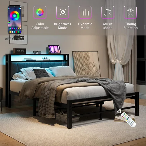Vista 5 de BOFENG Base de cama matrimonial con cabecera de almacenamiento tapizada y estación de carga, luces LED, plataforma de metal resistente, marco