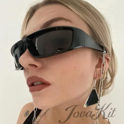 Vista 5 de JOVAKIT Gafas de sol deportivas envolventes para hombres y mujeres, a la moda, cuadradas, con marco grueso, elegantes lentes deportivos (negrogris)
