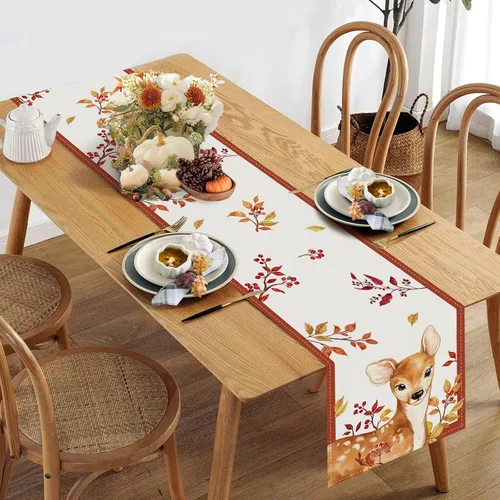 Vista 4 de Bonhause Camino de mesa de zorro de otoño de 13 x 90 pulgadas, diseño de ciervo, hojas de arce, bayas, Acción de Gracias, cocina, comedor