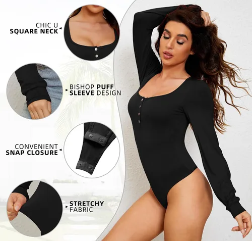 Vista 3 de TQD Body de manga larga para mujer, cuello redondo, manga abombada, blusa Henley para mujer