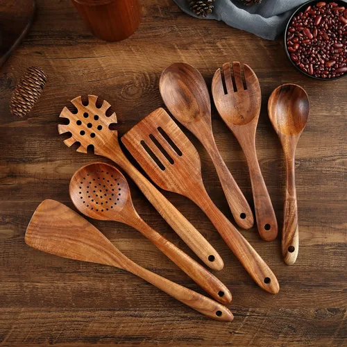 Vista 2 de Juego de utensilios de cocina de madera, 7 cucharas y espátulas de madera de teca natural para sartén antiadherente
