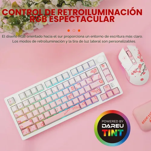 Vista 6 de DAREU EK75PRO Sakura Pink Teclado mecánico inalámbrico para juegos y mouse inalámbrico para juegos con combo de base de carga (interruptor de nube)