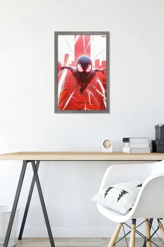 Vista 6 de Marvel's Spider-Man: Miles Morales - Póster de Falling Wall, 22.4 pulgadas de largo x 14.7 pulgadas de ancho, versión enmarcada de madera de granero