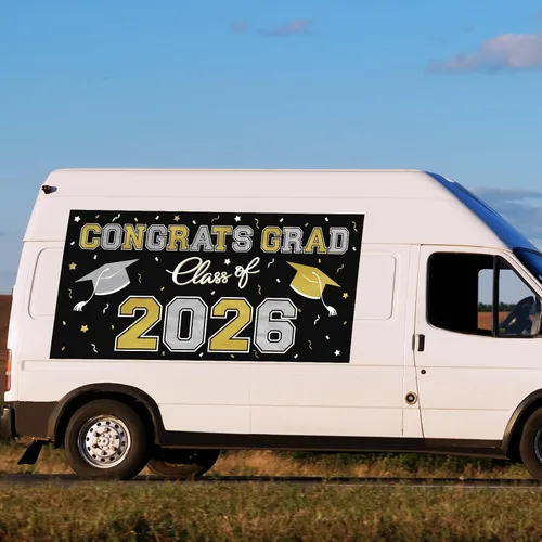 Vista 6 de Telón de fondo de plástico para fiesta de graduación 2026 - 65" x 32.7" Pancarta Congrats Grad en negro, decoraciones grandes de la clase de 2026