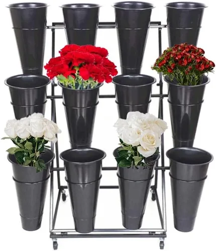 Vista 3 de Soporte de exhibición de flores, soporte de metal para plantas con cubos, estante de carrito de plantas móviles de alta resistencia, para patio