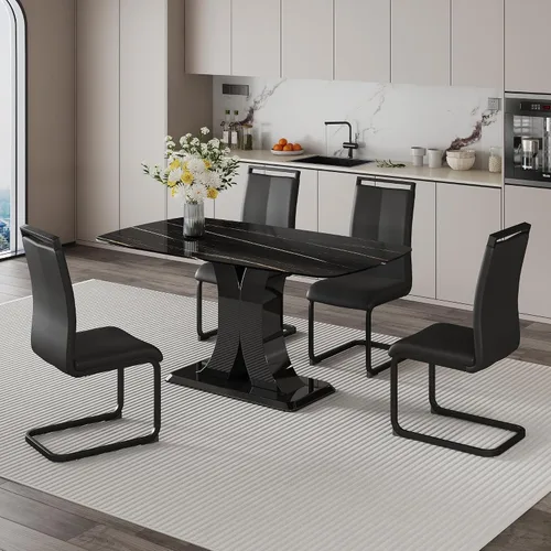Vista 9 de Juego de mesa de comedor moderno para 4, juego de sillas de mesa de cocina de mármol sintético, mesa rectangular de MDF de 63 pulgadas, sillas Negro