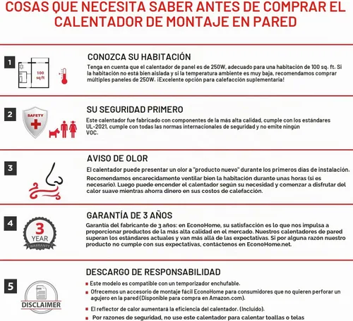 Vista 4 de EconoHome Panel de calentador de espacio para montaje en pared, calentador de convección a prueba de salpicaduras de 250 vatios con termostato