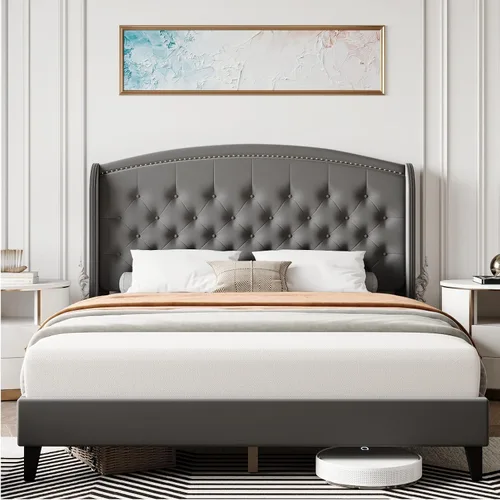 Vista 8 de Base de cama tamaño Queen, plataforma tapizada con cabecera de ala y diseño capitoné de botones, soporte de listones de madera, fácil montaje,
