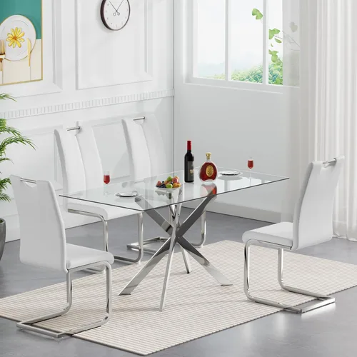 Vista 17 de SSLine Mesa de comedor moderna de cristal, rectangular de 51 pulgadas, color negro con patas de metal diseñadas en X para cocina y comedor