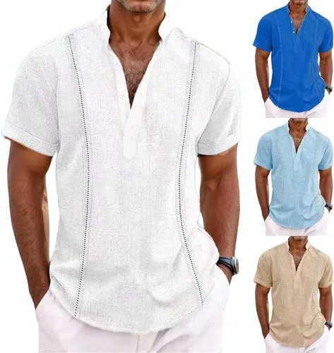 Vista 3 de Camisas de guayabera cubana para hombre, camisa casual de lino de manga corta, camisas mexicanas hawaianas con botones para playa y verano 2025
