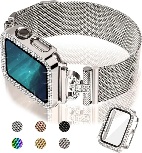 Vista 11 de JOYOZY - Correa magnética compatible con Apple Watch de 38 mm 40 mm 41 mm 42 mm 44 mm 45 mm 46 mm, correa Milanese con brillo de purpurina Negro