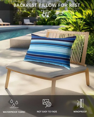 Vista 3 de Almohada reclinable para la cabeza con relleno, almohadas coloridas de estilo mexicano a rayas azul claro con correa ajustable, almohadas de patio