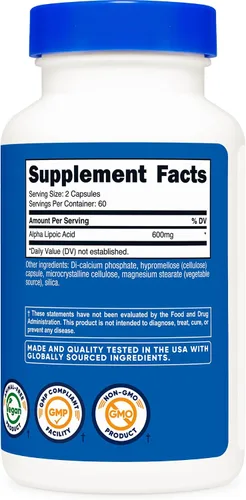 Vista 7 de Suplemento Nutricost Ácido Alfa Lipoico 600 mg por porción, 120 cápsulas, 60 porciones - Cápsulas vegetales, sin OMG
