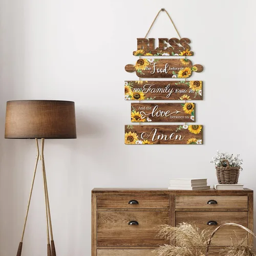 Vista 4 de Sintuff Girasol Decoración de Pared de Cocina Letrero de Madera de Granja "Bendiga los Alimentos que Están Delante Nuestro" Arte de Pared Rústico