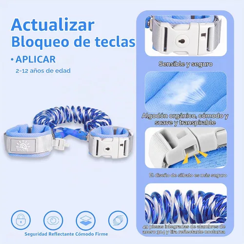 Vista 2 de Eslabón de muñeca anti-pérdida, Cadena de muñeca reflectante anti-pérdida azul con bloqueo para niños de 6.56 pies.