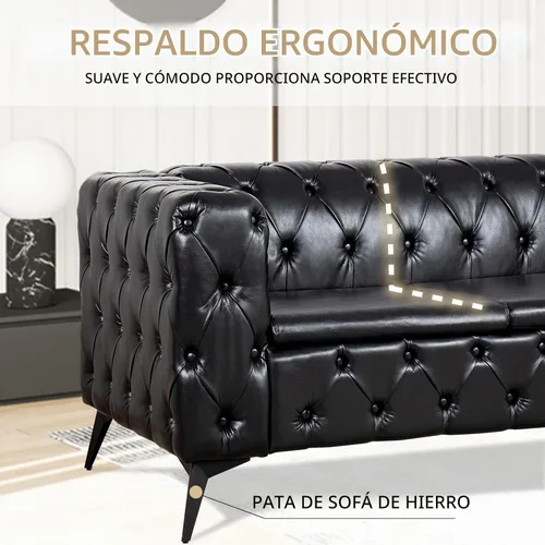 Vista 6 de Sofás negros para sala de estar, moderno sofá Chesterfield copetudo, asiento profundo, cómodo sofá de piel sintética, brazos enrollados plisados