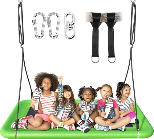 Vista 9 de Everyfun Columpio de árbol para niños y adultos, columpio de plataforma rectangular impermeable de 60 pulgadas, 700 libras resistente con correas