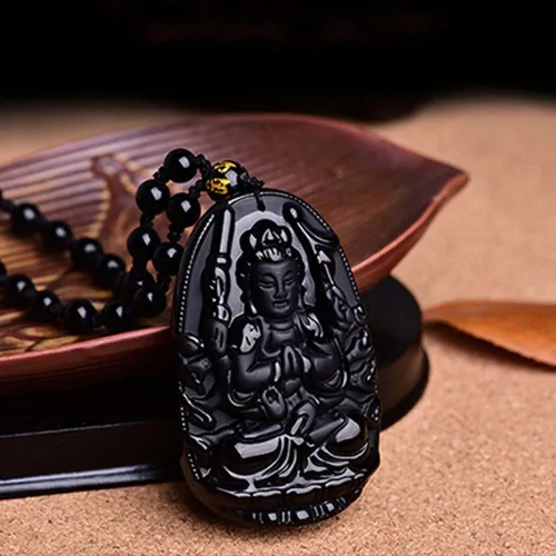 Vista 3 de Collar de Buda, collar de obsidiana negra para mujer, dije de Buda de buena suerte, cadena larga de cuentas que imita el budismo de jade, joyería