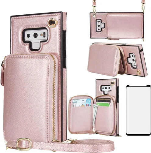 Vista 11 de Asuwish Funda de teléfono para Samsung Galaxy Note 9 con protector de pantalla de vidrio templado y soporte para tarjetas con cremallera, soporte