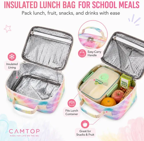 Vista 6 de CAMTOP – Juego de morral y lonchera para niñas de preescolar y primaria, Teñido amarillo., S, Viajar A-Tie Dye Amarillo