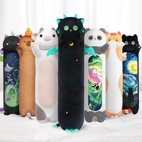 Vista 20 de Mewaii Peluche de gato largo, 5 tamaños, 120% relleno extra, almohada gigante para el cuerpo de los niños, lindo peluche Kawaii de ojos grandes