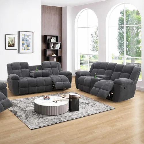 Vista 7 de Juego de sofá reclinable para muebles de sala de estar, juego de sofá y silla reclinable de pana verde, tela manual, sofá reclinable de 3 plazas