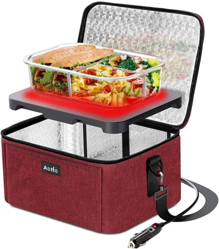 Vista 11 de Aotto Lonchera eléctrica portátil con calentador de alimentos para horno - 12V/24V 2-en-1 calentador de alimentos para coche, lonchera térmica