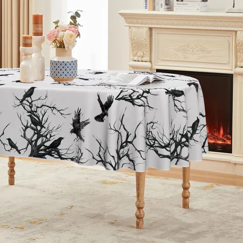 Vista 7 de Horaldaily Mantel rectangular de Halloween de 52 x 70 pulgadas, diseño de cuervo, lavable, para fiesta, picnic, cena, decoración