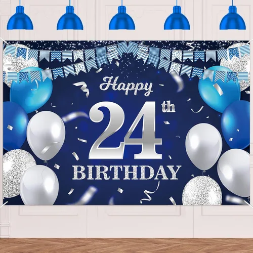 Vista 61 de Bandera de feliz primer cumpleaños con fondo azul marino, globos, confeti, bandera de rayas, luces de puntos, felicitaciones por el tema de 1 año