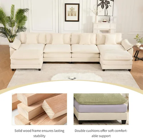 Vista 6 de Sofá seccional modular beige de 117.3", sofás seccionales grandes de 3 plazas para sala de estar, sofá nube oversized de tela chenille con otomana