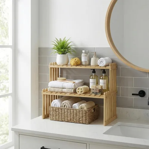 Vista 4 de MyGift soporte para plantas de bambú natural con 2 niveles, para el escritorio, color café